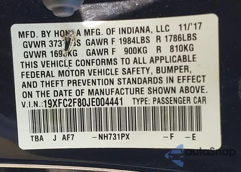 2018 Honda Civic Ex z USA, uszkodzony, nr VIN 19XFC2F80JE004441